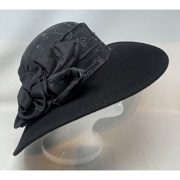 VTG Miss Bierner Wool Wide Brim Hat Black Sequin Ruched Satin Crown Floral Bow main image 5